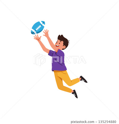 Boy jumping and catching blue football in casual clothes active playful scene vector illustration Boy jumping and catching blue football in casual clothes active playful scene vector illustration 135254880