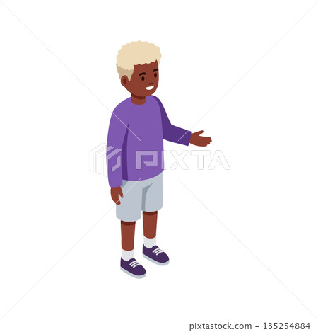 Boy with blond hair wearing purple sweater and shorts standing with hand extended vector illustration 135254884