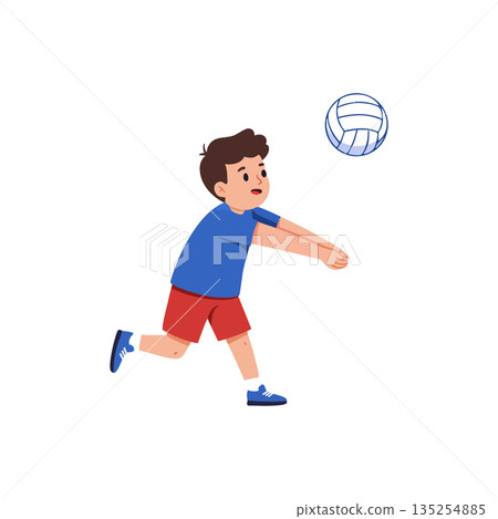 Boy playing volleyball in action hitting the ball with arms stretched in blue shirt and red shorts vector illustration Boy playing volleyball in action hitting the ball with arms stretched in blue shirt and red shorts vector illustration 135254885