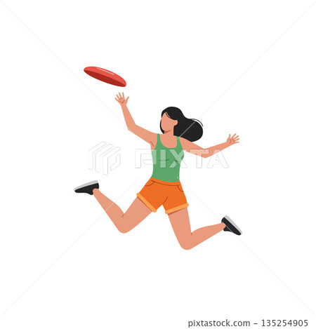 Woman jumping catching flying disc in casual summer outfit active sports fitness vector illustration 135254905