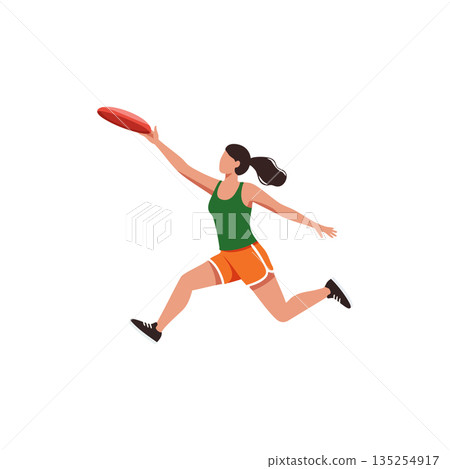 Woman jumping catching frisbee in green tank top and orange shorts active summer sport outdoor play vector 135254917