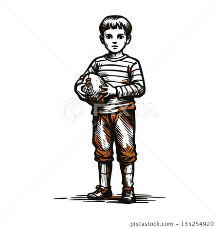 Young boy holding football standing in striped shirt and pants vintage style illustration vector 135254920