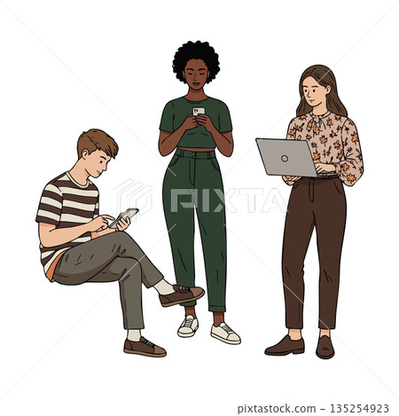 Diverse young people using digital devices standing and sitting casual lifestyle vector illustration 135254923