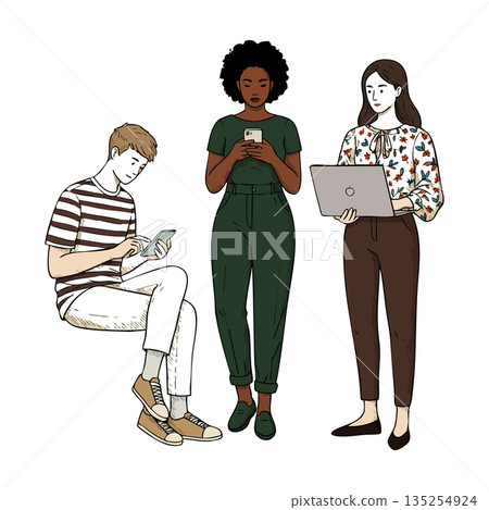 Diverse young people using smartphone and laptop digital devices in casual wear standing and sitting 135254924