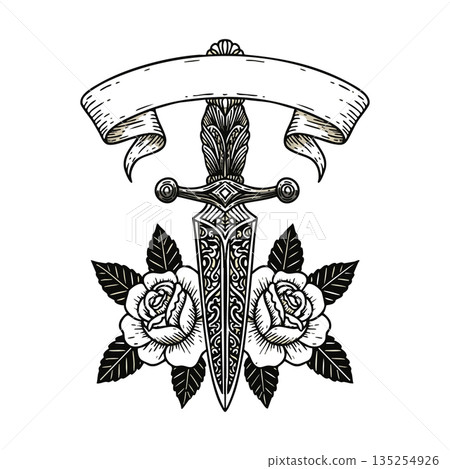 Ornate dagger with detailed floral roses and decorative blank ribbon banner vector illustration Ornate dagger with detailed floral roses and decorative blank ribbon banner vector illustration 135254926
