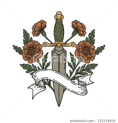 Sword with orange flowers and green leaves vintage style vector illustration with blank ribbon banner Sword with orange flowers and green leaves vintage style vector illustration with blank ribbon banner 135254929