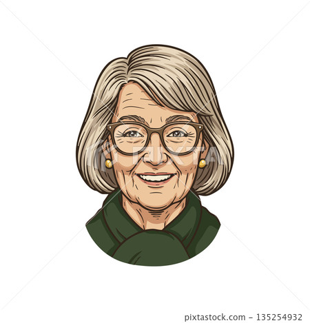 Elderly woman smiling with glasses and scarf vector portrait illustration 135254932