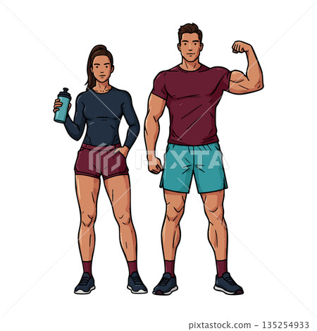 Muscular man and athletic woman fitness workout vector illustration in sportswear 135254933