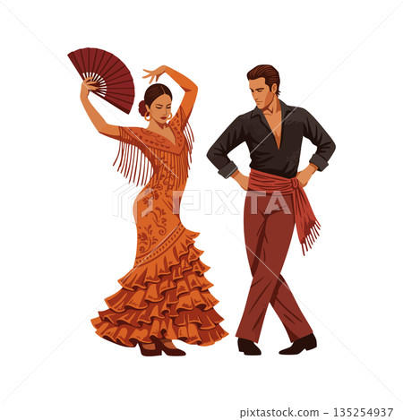 Flamenco dancers performing passionate Spanish dance with traditional dress and fan vector illustration 135254937