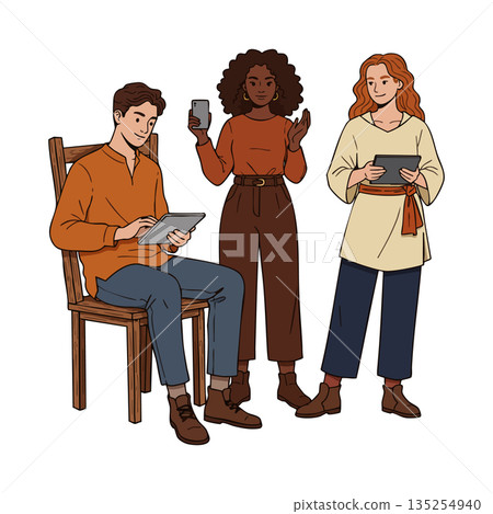 Diverse young adults using digital devices in casual clothing vector illustration 135254940
