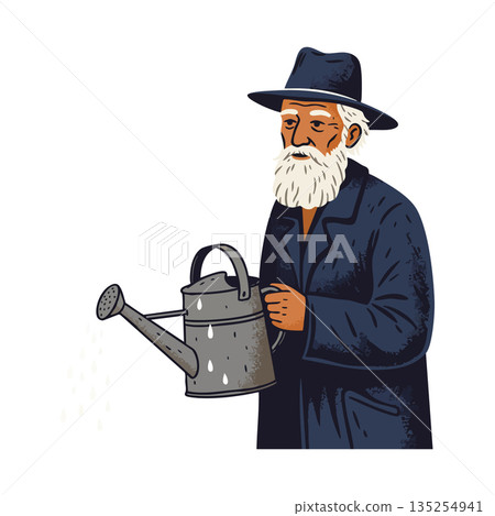 Elderly man in dark coat and hat holding watering can vector illustration Elderly man in dark coat and hat holding watering can vector illustration 135254941