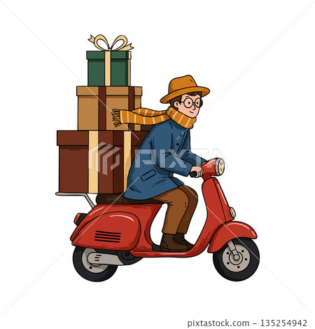 Man Riding Red Scooter Delivering Stacked Gift Boxes Illustration Vector 135254942