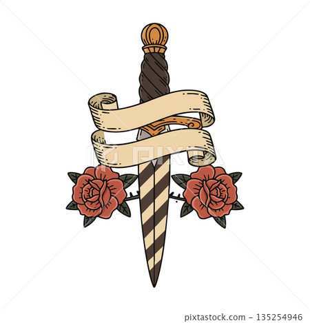 Dagger with red roses and blank scroll banner vintage tattoo style vector artwork 135254946