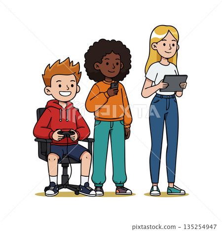 Diverse young people using mobile devices and gaming controller for entertainment and socializing 135254947