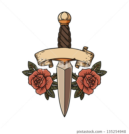 Sword with roses vintage tattoo style design with beige banner and green leaves vector illustration Sword with roses vintage tattoo style design with beige banner and green leaves vector illustration 135254948