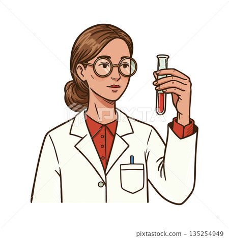 Female scientist examining red liquid in test tube vector illustration in white coat Female scientist examining red liquid in test tube vector illustration in white coat 135254949