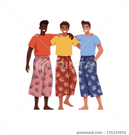 Group of diverse young men wearing patterned pants standing together smiling vector illustration 135254950