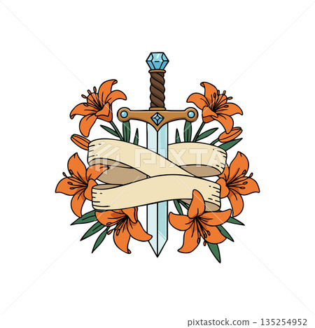 Sword with orange lilies and blank banner tattoo style vector illustration design Sword with orange lilies and blank banner tattoo style vector illustration design 135254952