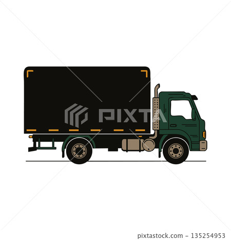 Cargo delivery truck illustration with black container and green cab side view vector Cargo delivery truck illustration with black container and green cab side view vector 135254953