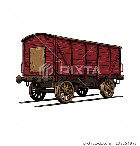 Vintage red wooden cargo train wagon with brown wheels vector illustration Vintage red wooden cargo train wagon with brown wheels vector illustration 135254955