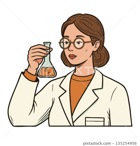 Female scientist holding flask with orange liquid in laboratory coat vector illustration 135254956