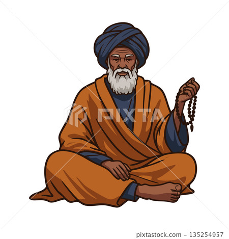 Elderly man meditating with prayer beads in orange robe and blue turban vector illustration 135254957