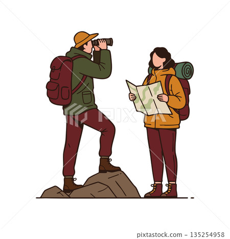 Two hikers exploring with binoculars and map outdoors in nature vector illustration 135254958