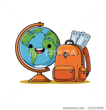 Smiling Earth Globe with Orange Backpack and Travel Tickets Vector Illustration Smiling Earth Globe with Orange Backpack and Travel Tickets Vector Illustration 135254970