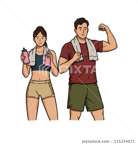 Fit athletic man and woman holding water bottles after workout session vector illustration 135254971