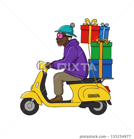 Man riding yellow scooter carrying colorful gift boxes in winter clothing vector illustration 135254977