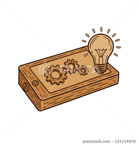 Wooden mobile phone with gears and glowing light bulb technology innovation concept vector illustration 135254978