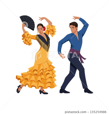 Flamenco dancers performing traditional Spanish dance in vibrant costumes vector illustration Flamenco dancers performing traditional Spanish dance in vibrant costumes vector illustration 135254986