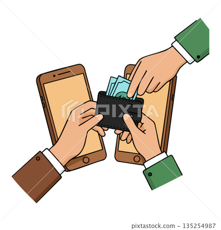 Hands exchanging money and wallet over smartphone screens digital payment illustration 135254987