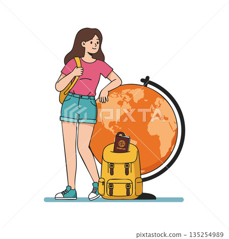 Young woman traveler with yellow backpack and globe exploring world travel concepts vector illustration 135254989