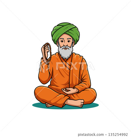 Buddhist Monk Meditating in Orange Robe and Green Turban with Prayer Beads Vector Illustration Buddhist Monk Meditating in Orange Robe and Green Turban with Prayer Beads Vector Illustration 135254992