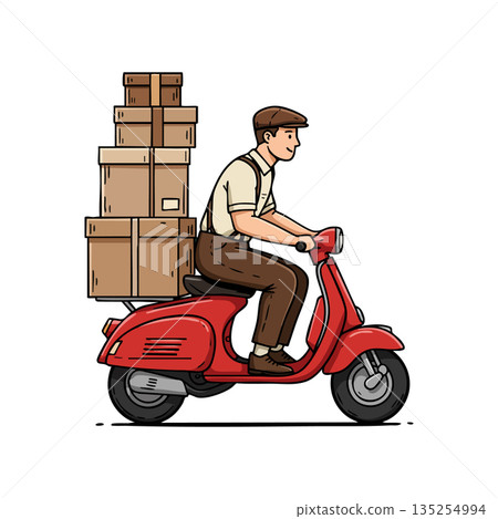 Delivery man riding red scooter with stacked cardboard boxes vector illustration Delivery man riding red scooter with stacked cardboard boxes vector illustration 135254994