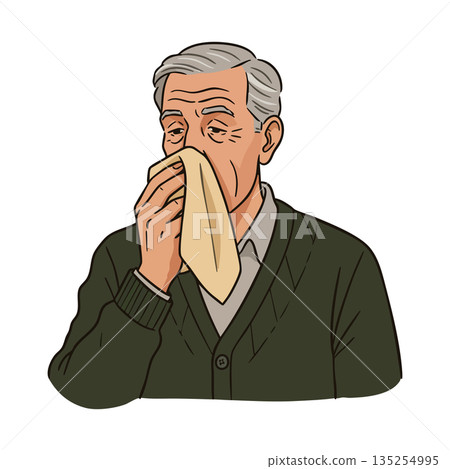 Elderly man blowing nose with handkerchief in cold or allergy symptom relief vector illustration 135254995