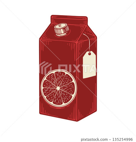 Red Orange Juice Carton with Cap and Tag Vector Illustration in Vintage Style Red Orange Juice Carton with Cap and Tag Vector Illustration in Vintage Style 135254996