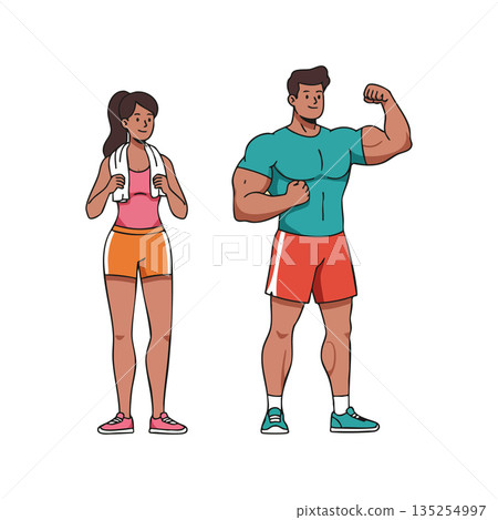 Fit young man flexing muscles with athletic woman in sportswear vector illustration 135254997
