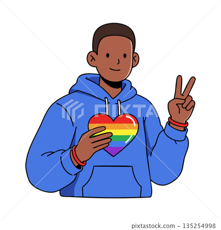 Young person holding rainbow heart symbol wearing blue hoodie showing peace sign vector illustration 135254998
