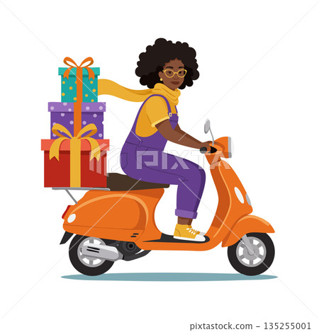 Woman riding orange scooter carrying colorful gift boxes in casual clothes vector illustration 135255001