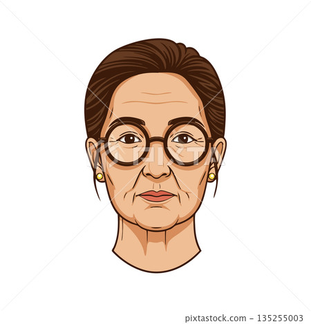 Elderly woman with glasses and earrings vector portrait illustration realistic face drawing 135255003