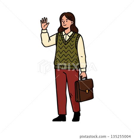Young woman waving hand carrying briefcase in casual outfit vector illustration 135255004