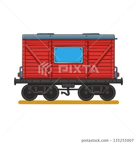 Red Vintage Freight Train Carriage with Blue Window Illustration in Side View Red Vintage Freight Train Carriage with Blue Window Illustration in Side View 135255007