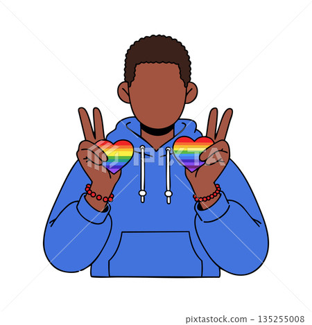 Person wearing blue hoodie holding rainbow heart symbols showing peace signs vector Person wearing blue hoodie holding rainbow heart symbols showing peace signs vector 135255008