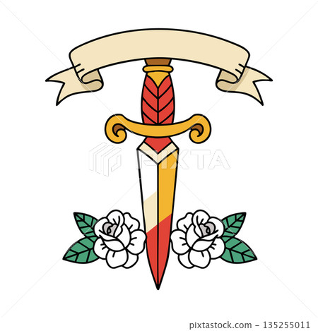 Dagger with white roses and banner in colorful vector illustration design 135255011