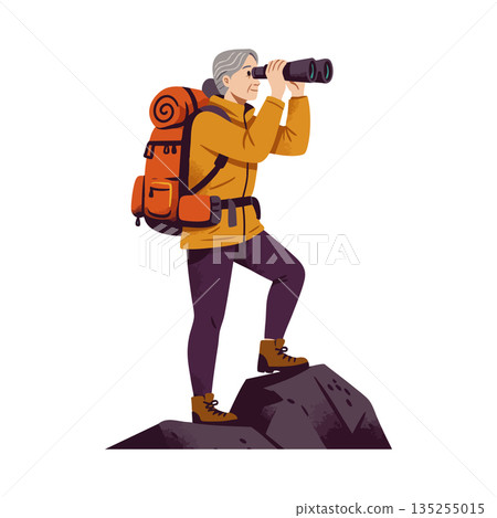 Senior woman hiker exploring nature with binoculars outdoor adventure vector illustration Senior woman hiker exploring nature with binoculars outdoor adventure vector illustration 135255015