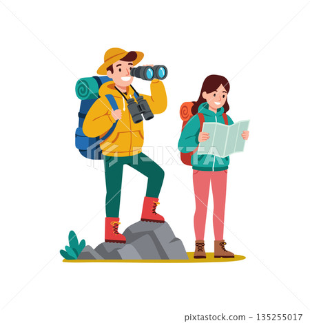 Hikers exploring nature with backpacks binoculars map outdoor adventure activity vector illustration Hikers exploring nature with backpacks binoculars map outdoor adventure activity vector illustration 135255017