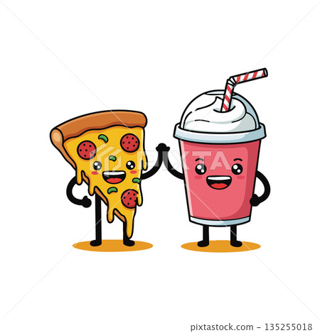Cartoon pizza slice and pink milkshake holding hands happy food friends vector illustration Cartoon pizza slice and pink milkshake holding hands happy food friends vector illustration 135255018