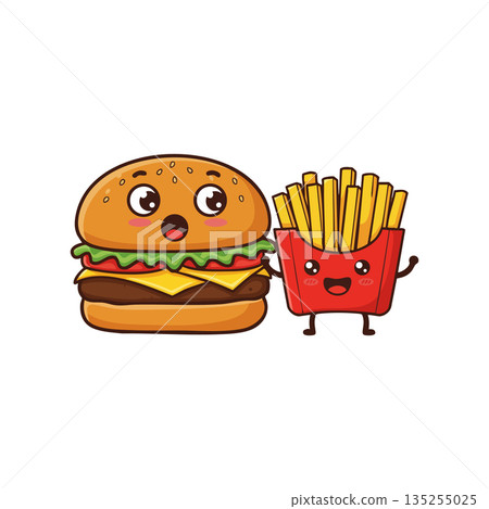 Cute cartoon hamburger with smiling french fries fast food vector illustration Cute cartoon hamburger with smiling french fries fast food vector illustration 135255025